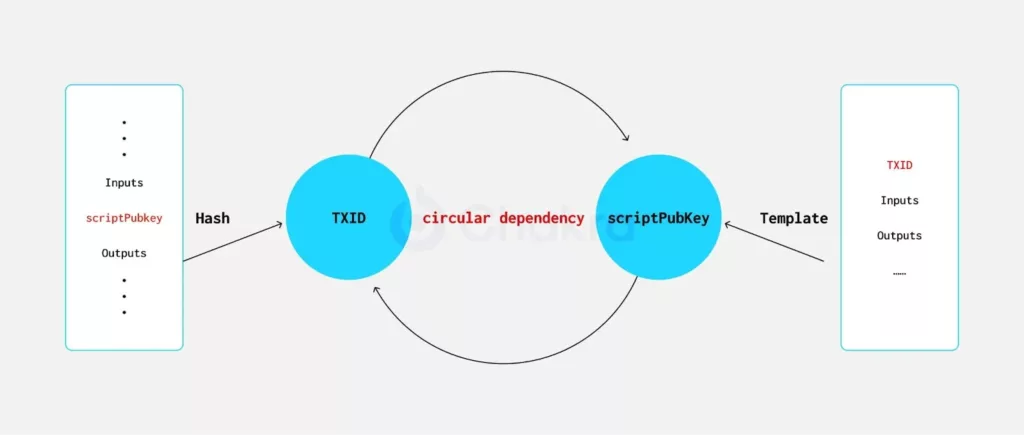 TXIDを含めると循環依存が発生し、ハッシュコミットメントの構築が不可能になります