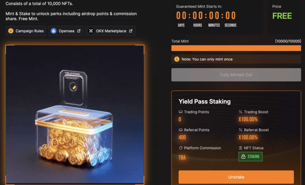 Master Yield Pass Minting and Staking Seite